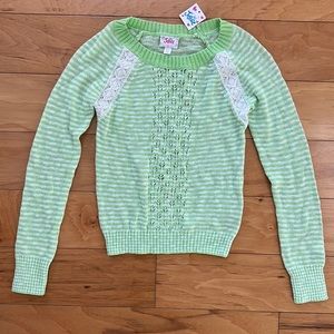 NWT Girls Justice size 10 green and white striped sweater with lace detail
